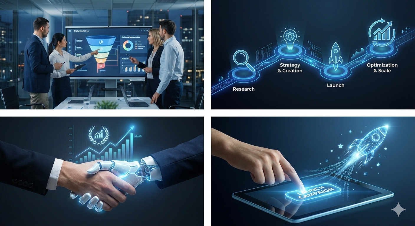 A man in a suit is working at a desk with a dual-monitor setup showing SEO presentation slides and data charts. The office environment is bright, with natural light coming from a nearby window, and a Rubik's cube is placed in front of the monitor.